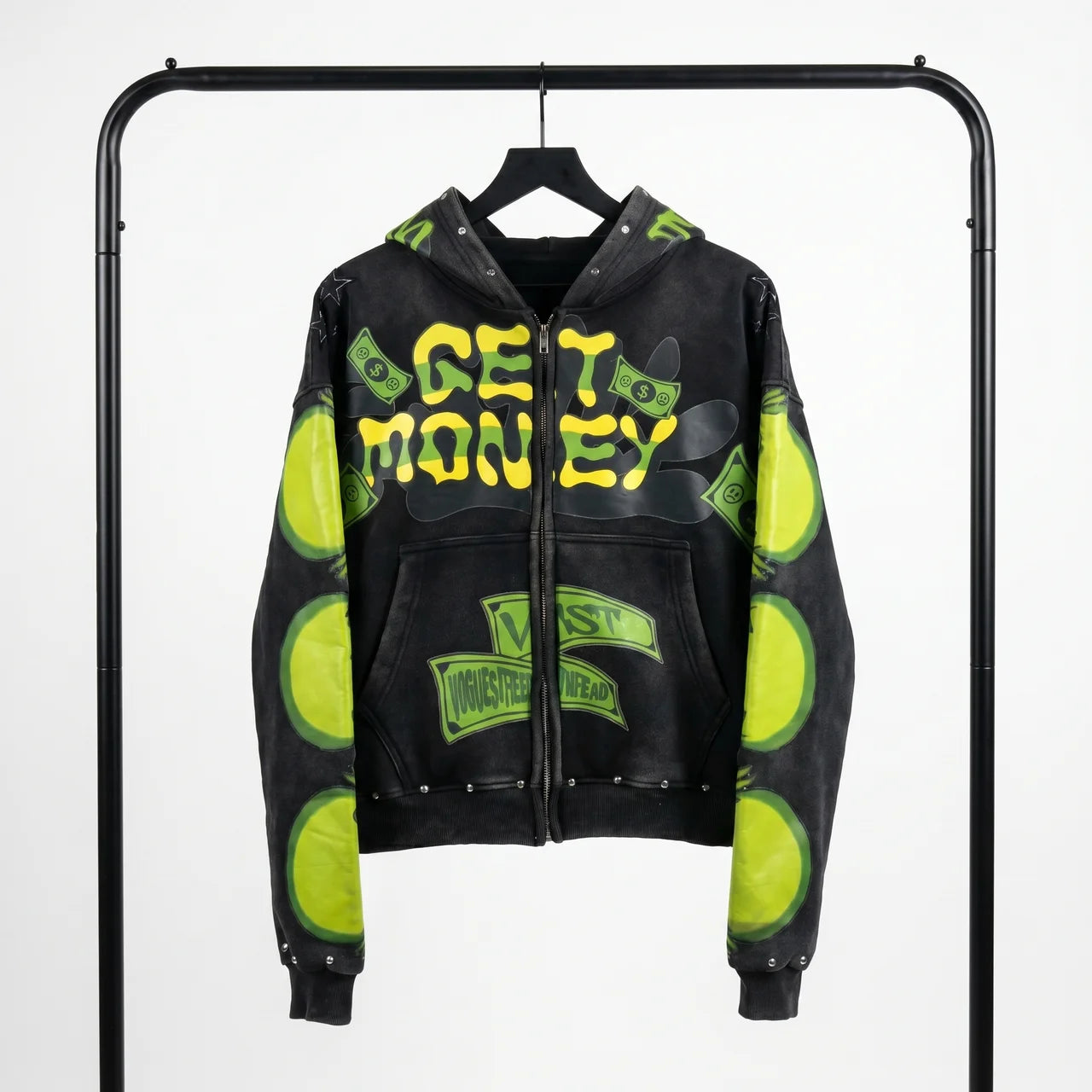 vogue "acid wash" rhinestone cropped jacket